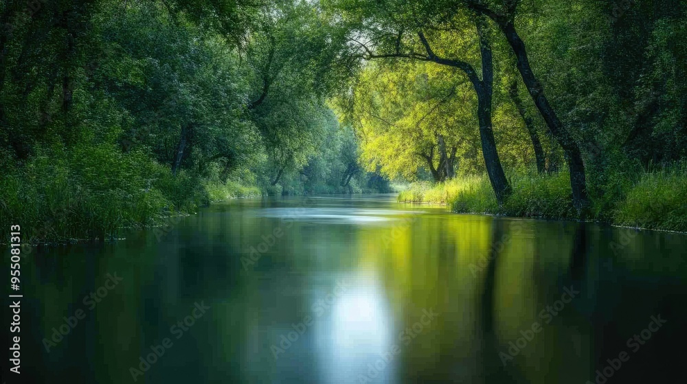 Calm river with overhanging trees and smooth water reflections, creating a serene and peaceful natural setting Calm river with overhanging trees and smooth water reflections, creating a serene and peaceful natural setting