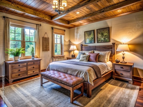 Cozy bedroom with rustic wooden furniture set, plush carpet, and soft lighting, creating a warm and inviting atmosphere in a serene North Carolina home. photo