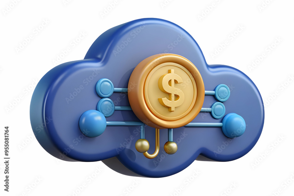 3D AI Cloud with Coin Symbol: Cost-Efficient Cloud Computing Technology Concept on White Background 3D AI Cloud with Coin Symbol: Cost-Efficient Cloud Computing Technology Concept on White Background
