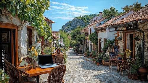 Remote Work Lifestyle: Digital Nomad Working on Laptop in Charming European Village Cafe