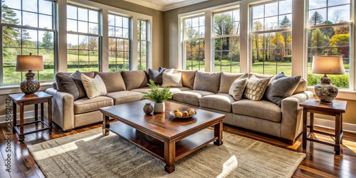 Cozy living room in a Montgomery County, Ohio home featuring a plush sectional sofa, wooden coffee table, and large windows with natural light filtering in. photo