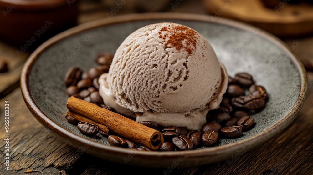 Close up of a scoop of coffee ice cream with cinnamon sticks and coffee beans. Close up of a scoop of coffee ice cream with cinnamon sticks and coffee beans.