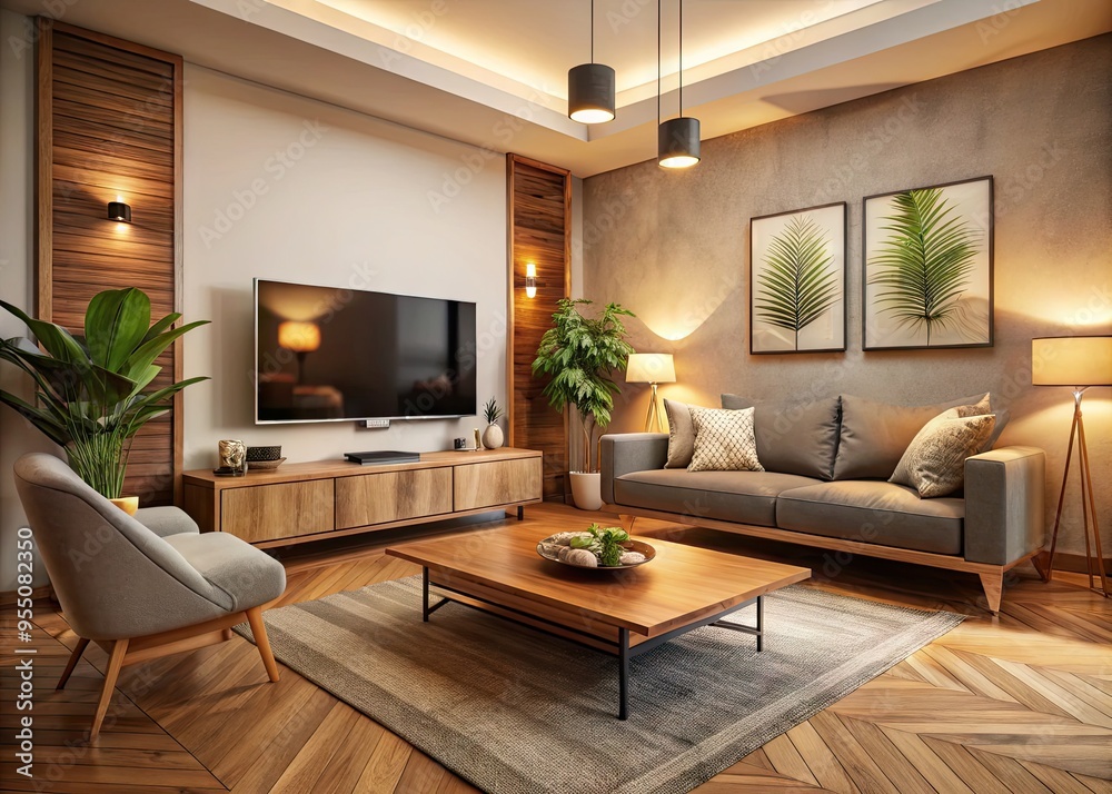 Cozy living room scene featuring a comfortable couch, soft lighting, and a modern large-screen television mounted on a stylish wooden TV stand against a neutral wall. Cozy living room scene featuring a comfortable couch, soft lighting, and a modern large-screen television mounted on a stylish wooden TV stand against a neutral wall.