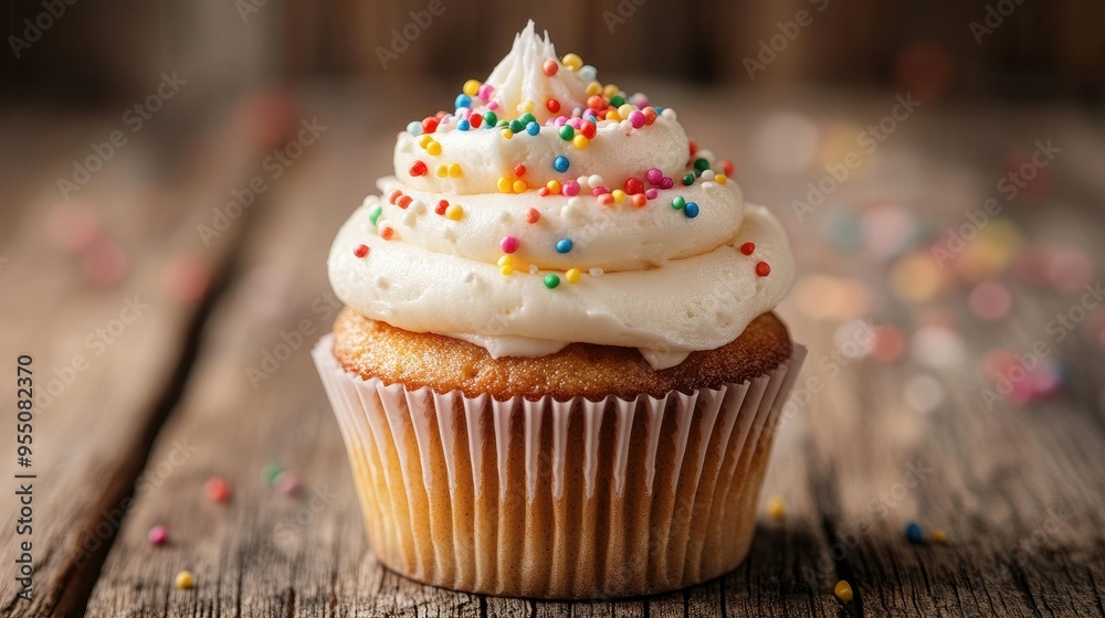 Close-up of a frosted cupcake with colorful sprinkles, set on a wooden table Close-up of a frosted cupcake with colorful sprinkles, set on a wooden table