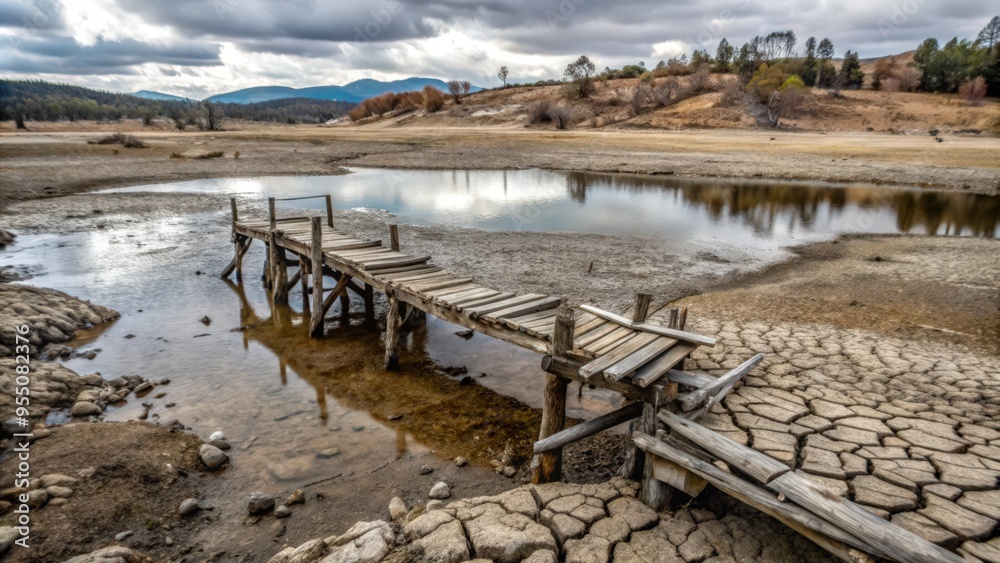 Fototapeta premium A Broken Wooden Pier Over a Dried-Up Lakebed