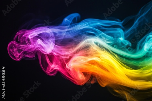 A rainbow-colored swirl of smoke rising against a pitch-black background, creating a dynamic and fluid motion. 