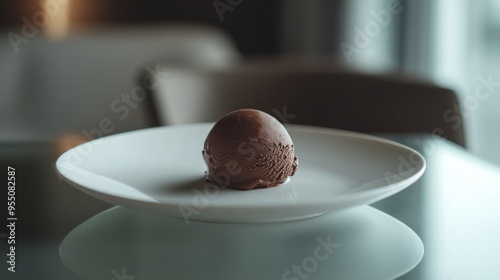 Close up of a single scoop of chocolate ice cream on a white plate.