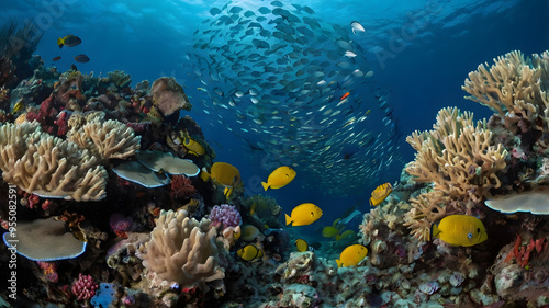 Wallpaper Mural coral reef with fish coral reef and fish on a blue sea, big blue ocean, clear water, ai generated Torontodigital.ca