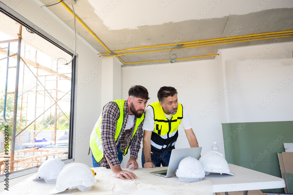 blueprint. Builders and architect looking at plans. employees in construction industry blueprint. Builders and architect looking at plans. employees in construction industry