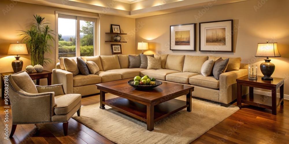 Cozy living room with plush sectional sofa, dark wood coffee table, and coordinating armchair, set against a warm beige background with soft lighting. Cozy living room with plush sectional sofa, dark wood coffee table, and coordinating armchair, set against a warm beige background with soft lighting.