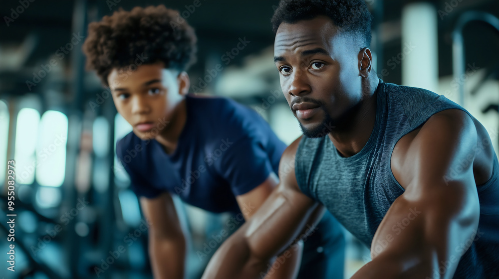 African American black father with teenage boy training at the gym Dad teaching son lifting weights Family workout together Healthy active sport life Fitness coach Athlete man Cardio machine Treadmill