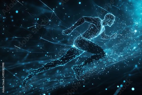 An abstract digital background banner featuring the image of a running man