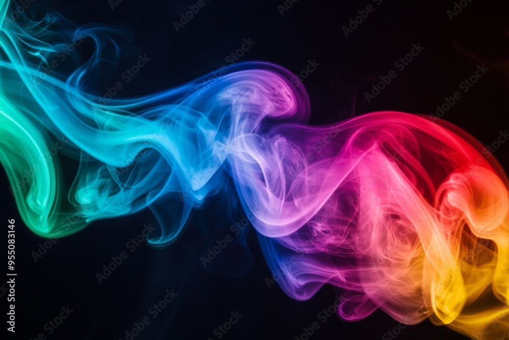 A rainbow-colored swirl of smoke rising against a pitch-black background, creating a dynamic and fluid motion. A rainbow-colored swirl of smoke rising against a pitch-black background, creating a dynamic and fluid motion.