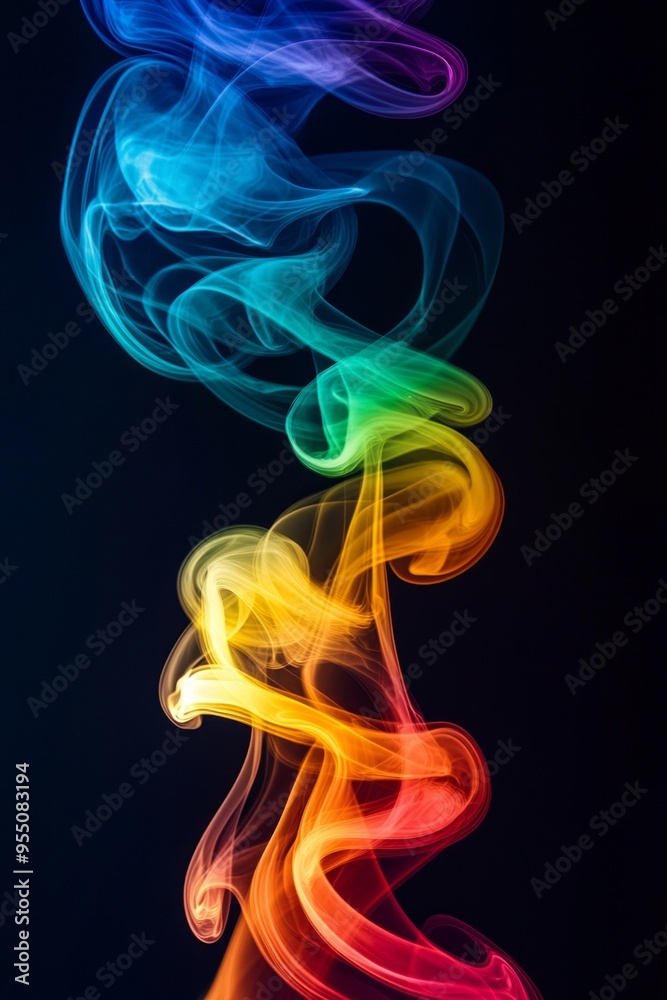 A rainbow-colored swirl of smoke rising against a pitch-black background, creating a dynamic and fluid motion. A rainbow-colored swirl of smoke rising against a pitch-black background, creating a dynamic and fluid motion.