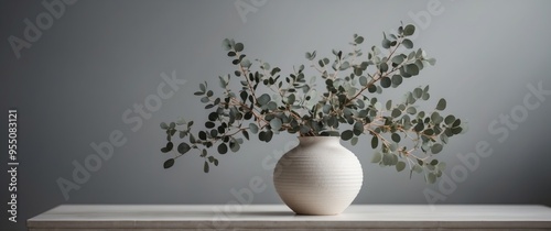 Eucalyptus branches in a vase over the white tile wall background. photo