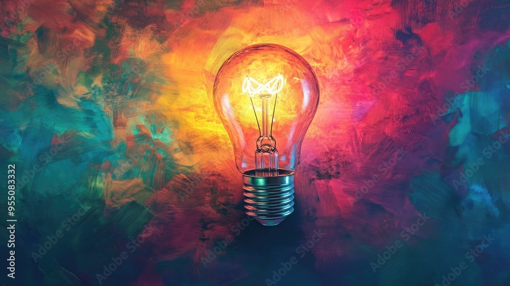 A light bulb illuminated in the center of a vibrant, colorful artistic scene, symbolizing ideas and innovation A light bulb illuminated in the center of a vibrant, colorful artistic scene, symbolizing ideas and innovation