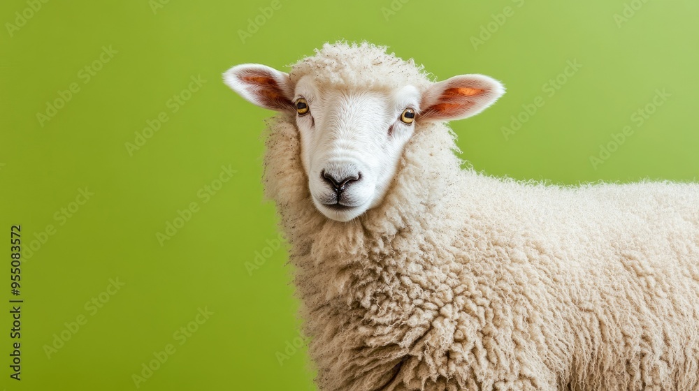 A fluffy white sheep isolated against a solid green background, showcasing the softness of its wool. A fluffy white sheep isolated against a solid green background, showcasing the softness of its wool.