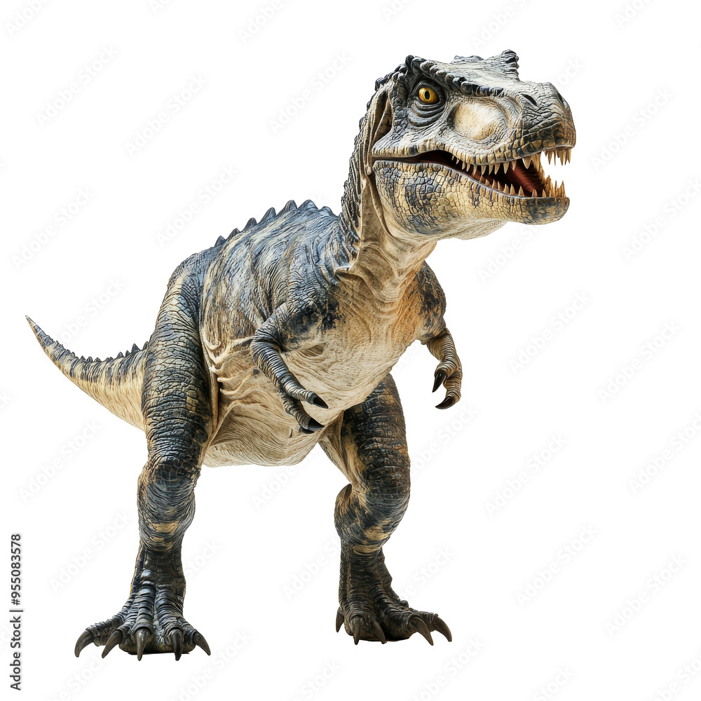 Giganotosaurus dinosaur standing and roaring isolated on transparent background. Prehistoric predator allosaurus, full body view