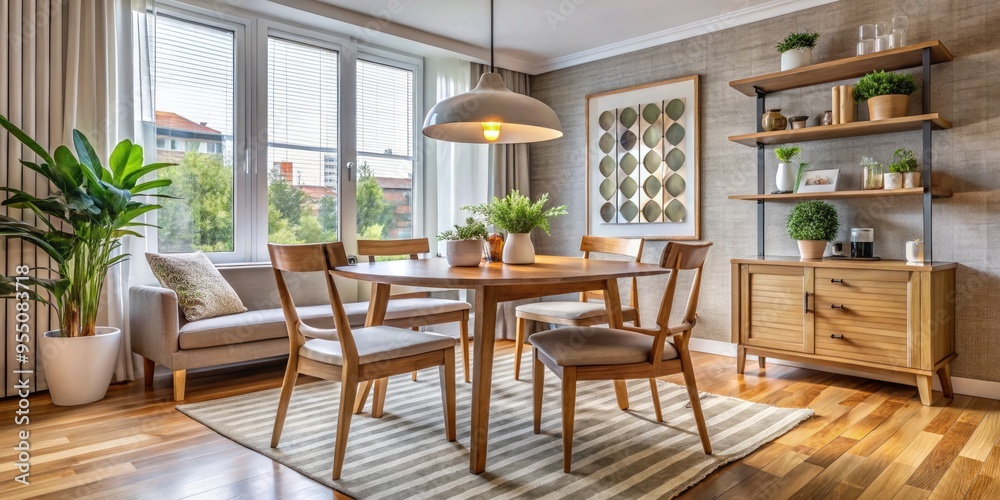 Fototapeta premium Cozy small dining room with wooden table, chairs, and stylish decor, showcasing a harmonious arrangement of furniture in a compact, inviting space.