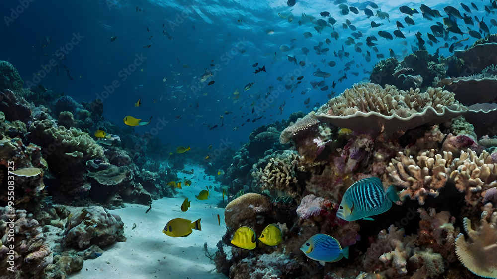 Fototapeta premium coral reef and fish coral reef and fish on a blue sea, big blue ocean, clear water, ai generated