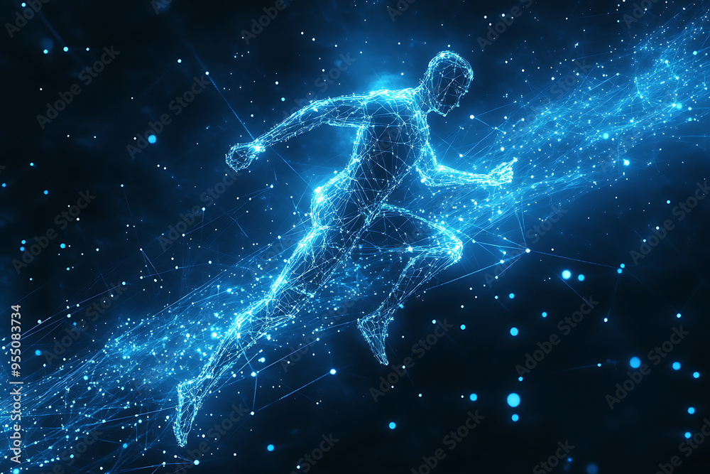 An abstract digital background banner featuring the image of a running man An abstract digital background banner featuring the image of a running man