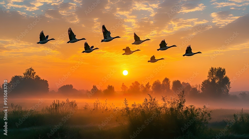 A group of geese flying in formation over a rural landscape, with the sun rising in the background. A group of geese flying in formation over a rural landscape, with the sun rising in the background.
