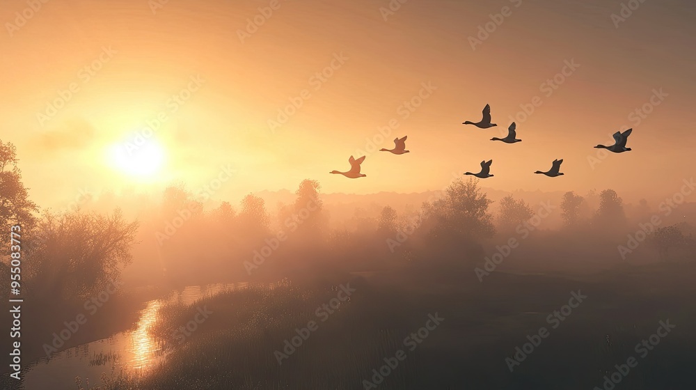 A group of geese flying in formation over a rural landscape, with the sun rising in the background. A group of geese flying in formation over a rural landscape, with the sun rising in the background.
