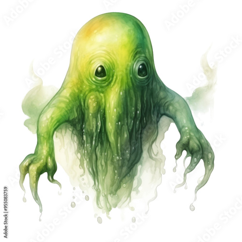 A Green, Glowing, Blob-Like Creature with Large Eyes photo