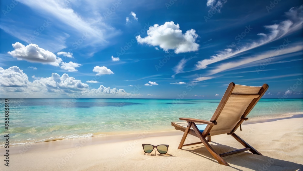 Serene atmosphere of a peaceful beach scene featuring a comfortable chair, sunglasses, and an open book, surrounded by calm turquoise ocean waters and clear blue sky. Serene atmosphere of a peaceful beach scene featuring a comfortable chair, sunglasses, and an open book, surrounded by calm turquoise ocean waters and clear blue sky.