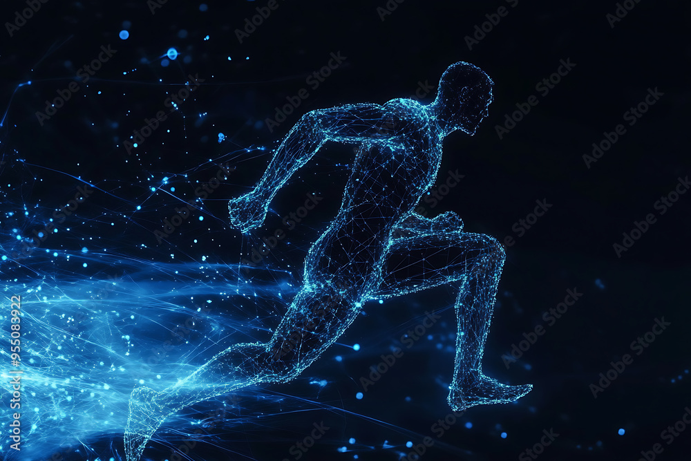 Naklejka premium An abstract digital background banner featuring the image of a running man