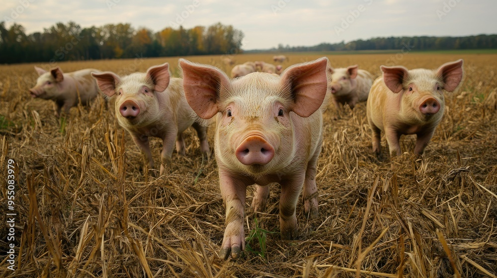 A group of pigs in a field, representing livestock farming and animal husbandry. A group of pigs in a field, representing livestock farming and animal husbandry.