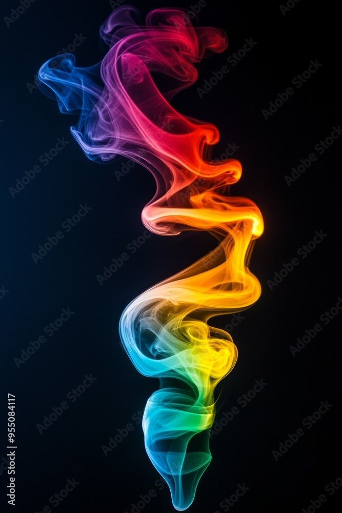 A rainbow-colored swirl of smoke rising against a pitch-black background, creating a dynamic and fluid motion. A rainbow-colored swirl of smoke rising against a pitch-black background, creating a dynamic and fluid motion.