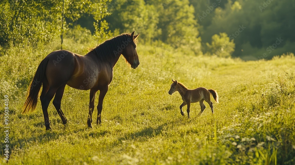 A horse and its foal walking side by side in a green meadow, with the foal playfully nipping at the mare. A horse and its foal walking side by side in a green meadow, with the foal playfully nipping at the mare.