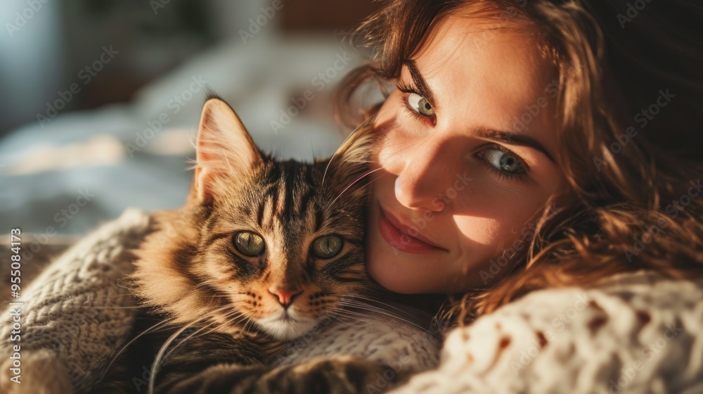 Woman hugging a tabby cat. ai generated art image Woman hugging a tabby cat. ai generated art image