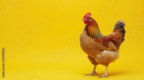 Wallpaper Mural A hen standing on a bright yellow background, its feathers creating a striking contrast. Torontodigital.ca