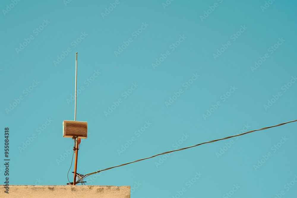 TV Antenna or TV Ariel against blue sky background with copy space on the left side. TV Antenna or TV Ariel against blue sky background with copy space on the left side.