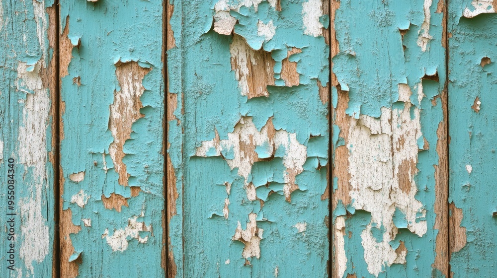 Close-up of distressed wood texture with peeling paint in turquoise, offering a vintage and coastal feel Close-up of distressed wood texture with peeling paint in turquoise, offering a vintage and coastal feel