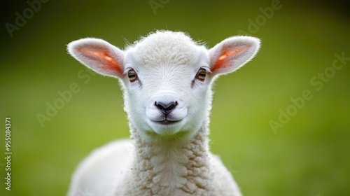 A lamb's face isolated on a soft green background, its innocent eyes looking directly at the viewer.