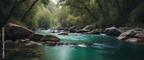 Beautiful fast river with emerald green water. photo