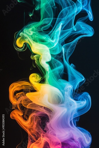 A rainbow-colored swirl of smoke rising against a pitch-black background, creating a dynamic and fluid motion. 