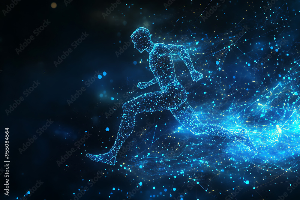 An abstract digital background banner featuring the image of a running man An abstract digital background banner featuring the image of a running man