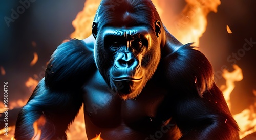 fantasy poster featuring gorilla surrounded ashes embers flames symbolizing climate change global warming threat extinction