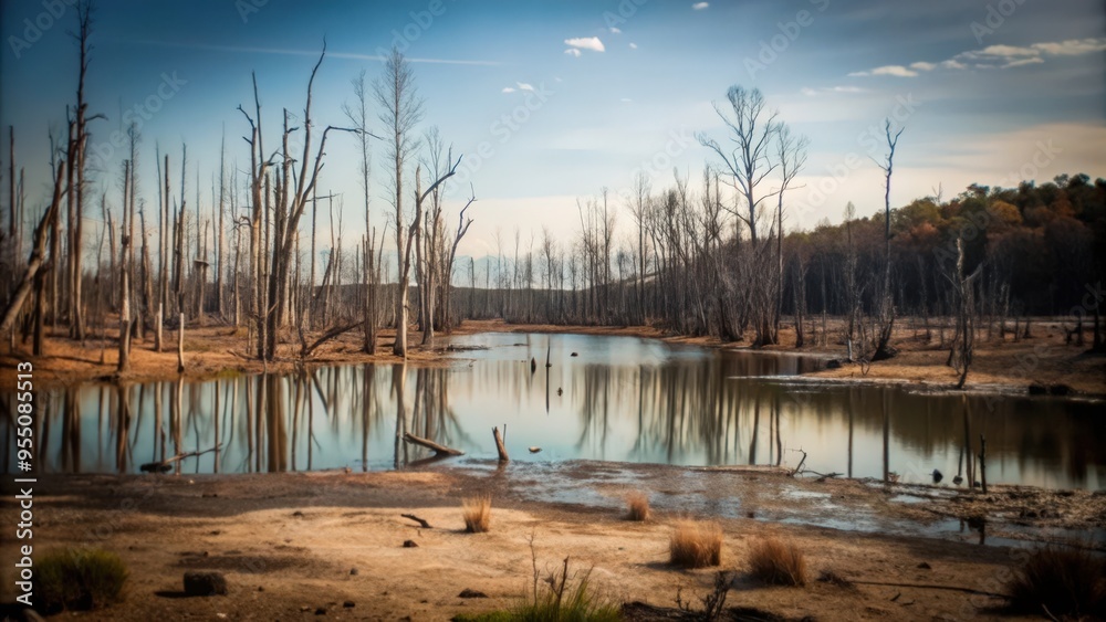 Obraz premium Tranquil Lake Surrounded by Dead Trees in a Forest