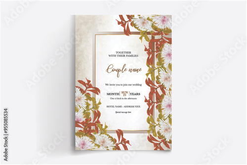 WEDDING INVITATION FRAME WITH FLOWER DECORATIONS WITH FRESH LEAVES