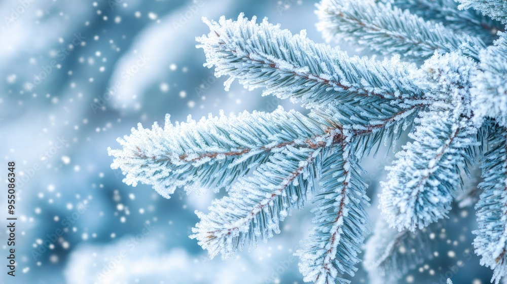 Close-up of snow-covered evergreen branches with sparkling ice crystals, highlighting winter detail Close-up of snow-covered evergreen branches with sparkling ice crystals, highlighting winter detail