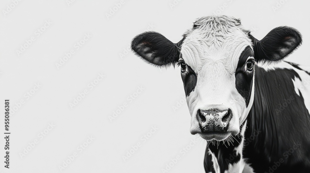 A black-and-white dairy cow on a solid white background, its contrast creating a striking visual. A black-and-white dairy cow on a solid white background, its contrast creating a striking visual.
