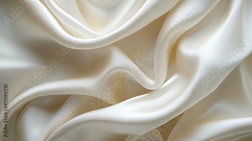 Close-up of smooth silk fabric texture in soft ivory, with subtle folds and a luxurious sheen