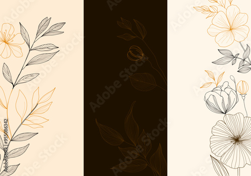 Minimalist design with flowers panels with black and gold floral lines and a brown panel with subtle leaf drawings. Abstract greeting cards. 