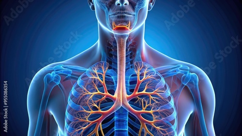 Detailed 3D illustration of human trachea anatomy showing bronchi, rings, and mucous membrane, illuminated from within, on a dark blue background for educational use.