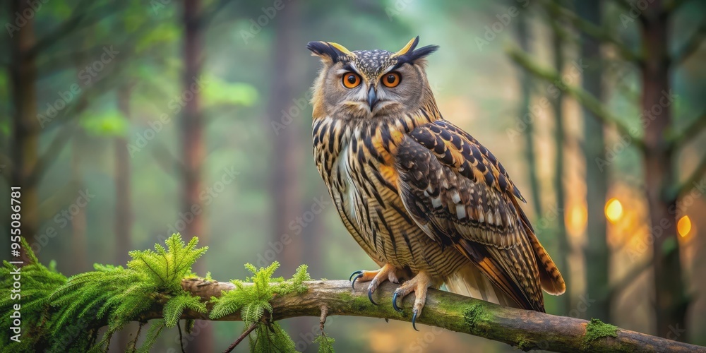 Obraz premium Majestic eagle owl perched on a tree branch in a forest setting, eagle owl, wildlife, bird, predator, feathers, majestic, nocturnal